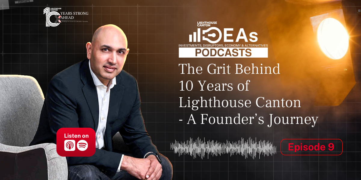 A businessman speaks during a podcast episode titled The Grit Behind 10 Years of Lighthouse Canton, A Founders Journey.