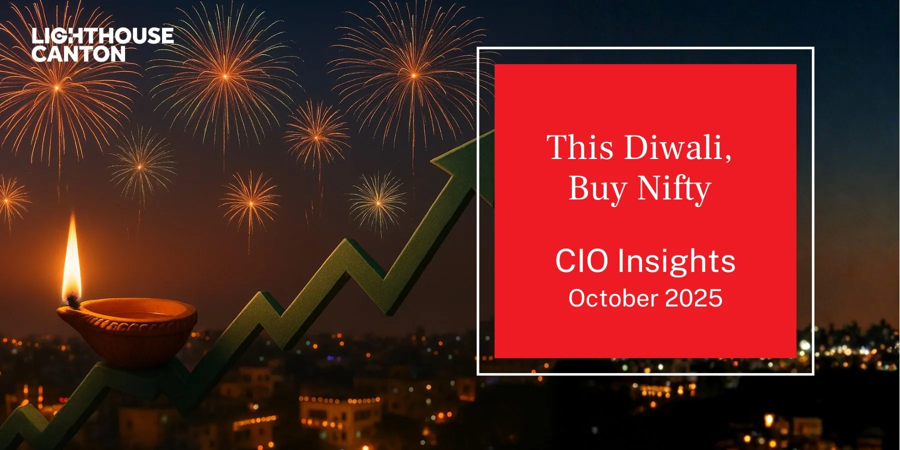 Green line chart showing a rising trend with fireworks in the background.