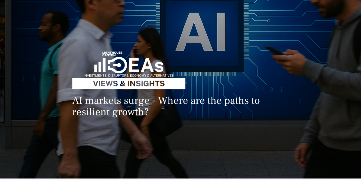 Two people walk towards the viewer on a blue background with circuit board patterns.