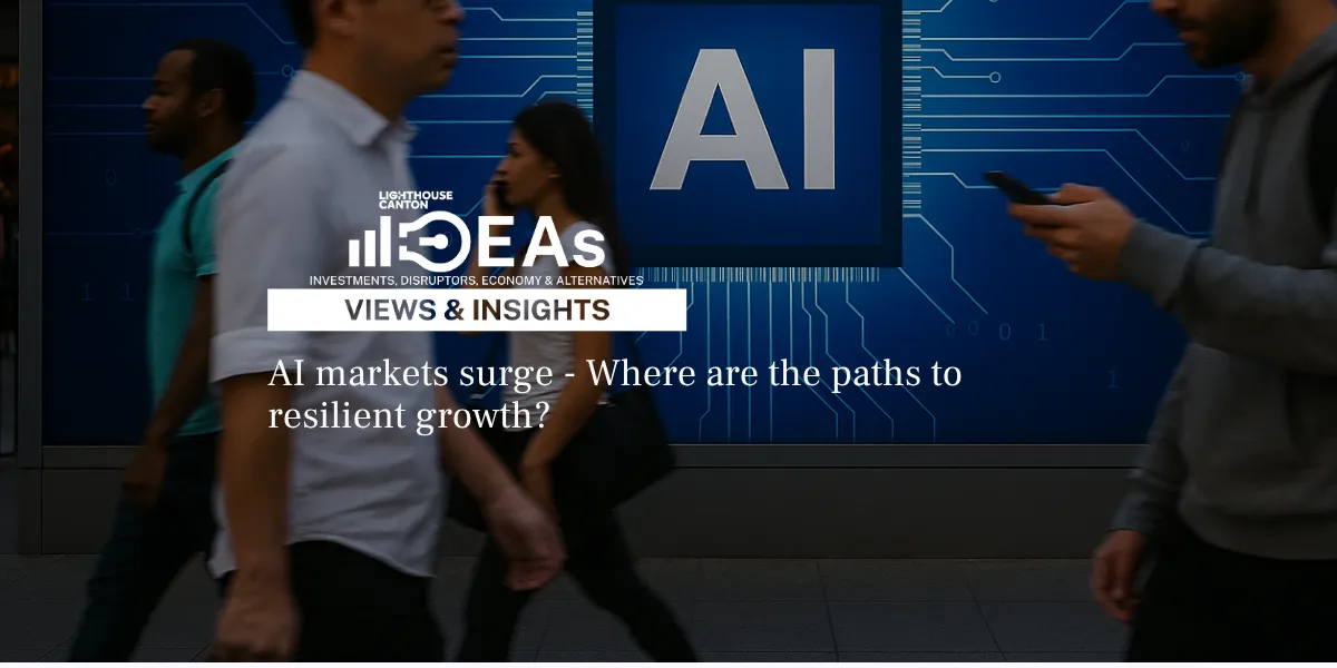 Two people walk towards the viewer on a blue background with circuit board patterns.