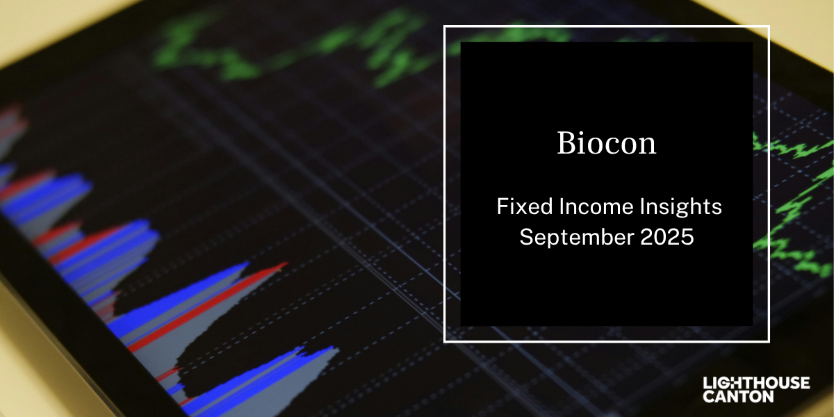 Blue and red line chart displays fixed income data for Biocon.