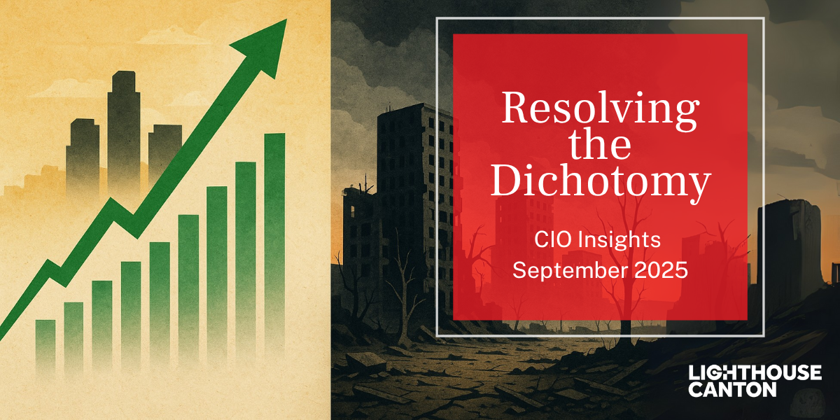 Green bar chart showing rising economic growth against a cityscape background.