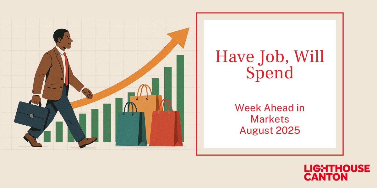 Man walking with briefcase and upward-trending graph and shopping bags.