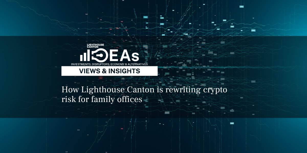 Lighthouse Canton logo, data visualization of fluctuating crypto risk metrics.