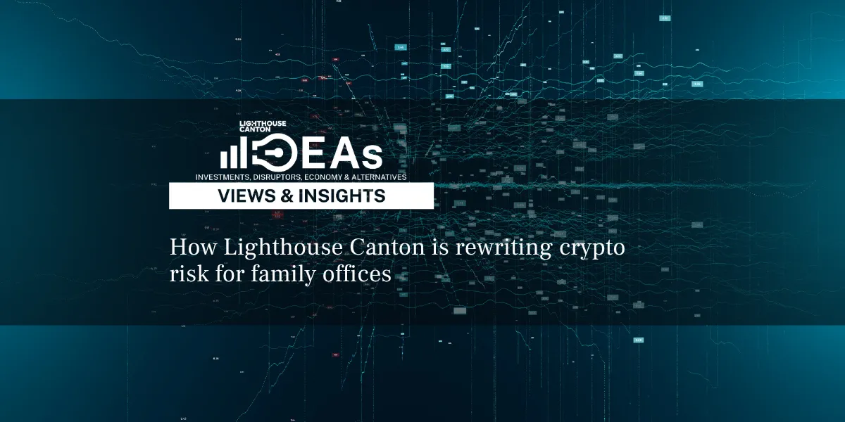 Lighthouse Canton logo, data visualization of fluctuating crypto risk metrics.