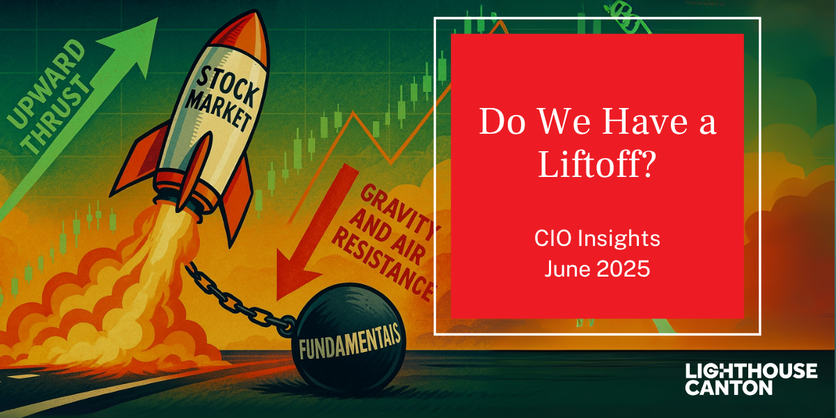 Rocket launching upward with text labels, representing market growth.