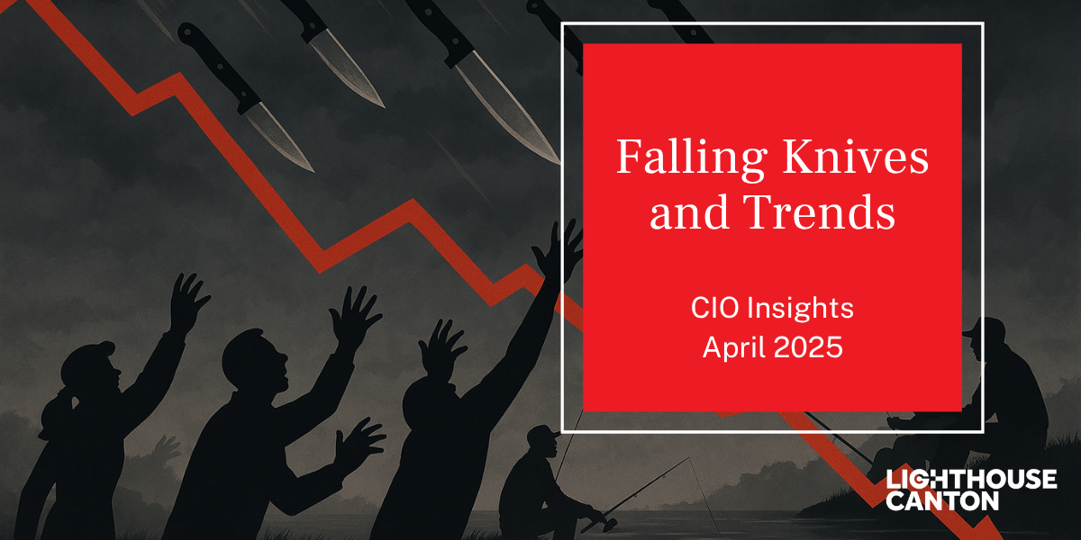 Silhouetted figures raise their hands towards falling knife icons.