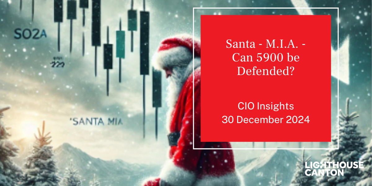 Santa in a red hat stands in a dark background.