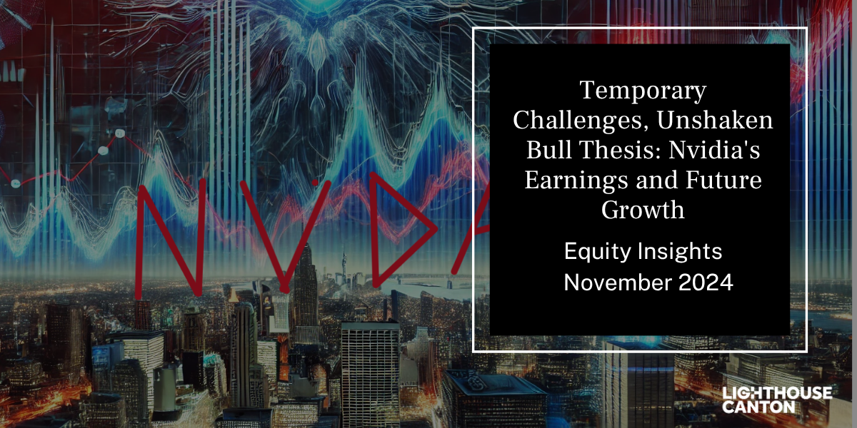 Nvidia earnings growth chart showing a dynamic cityscape background.
