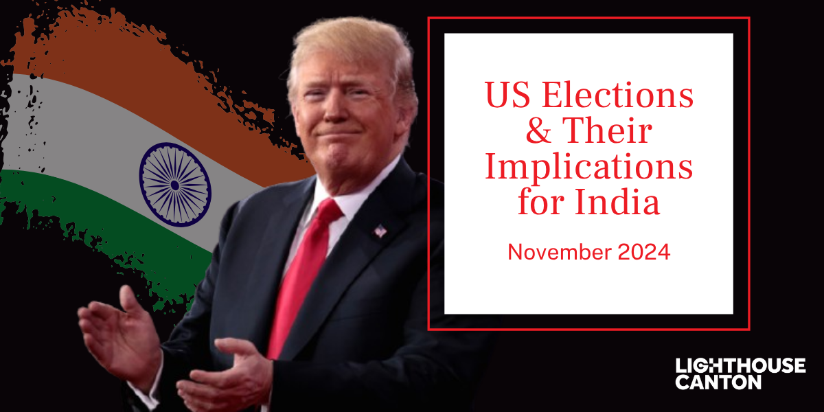 Donald Trump points while a background of the Indian flag is visible.