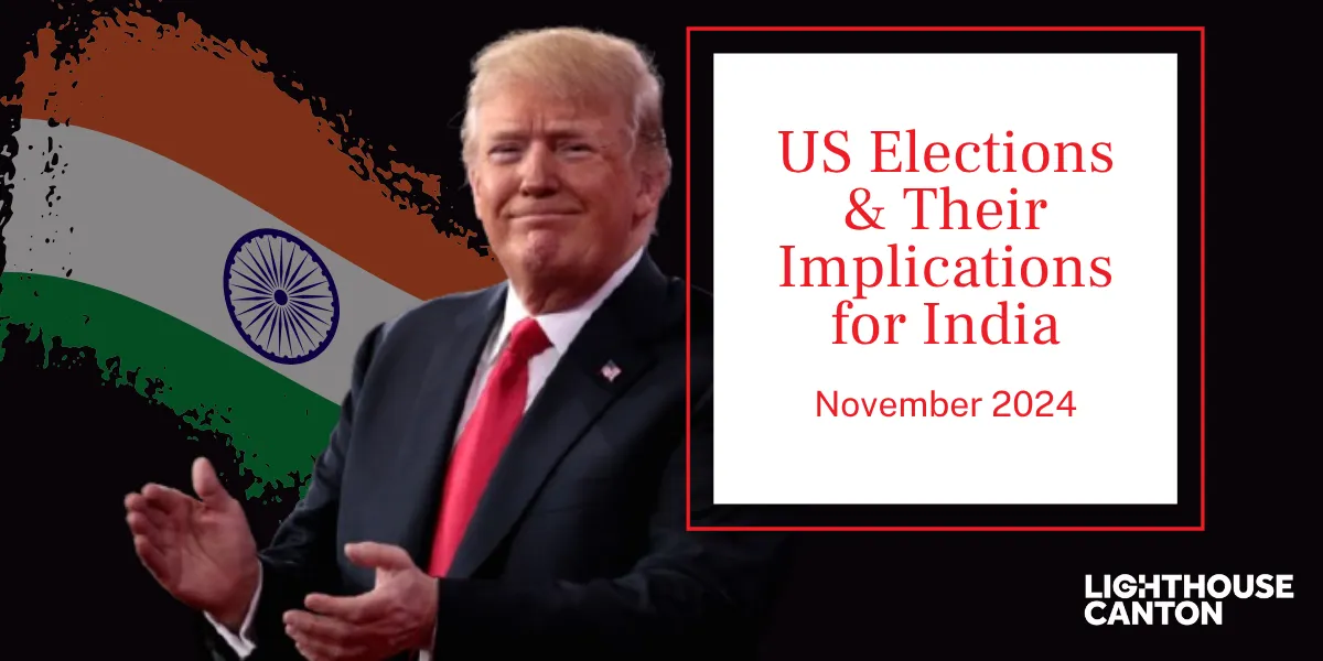 Donald Trump points while a background of the Indian flag is visible.
