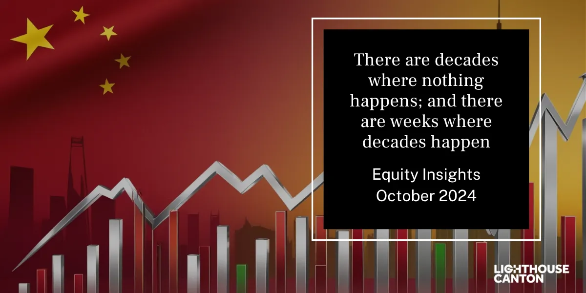 Stock market graph with rising red bars, Lighthouse Canton.