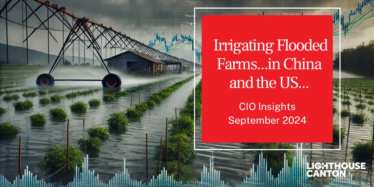 Irrigated farmland under floodwaters with a center pivot irrigation system.