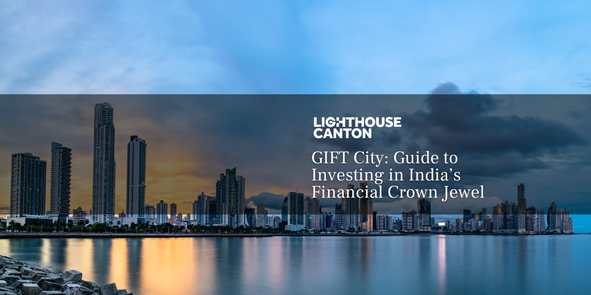 GIFT City skyline reflecting in the water.