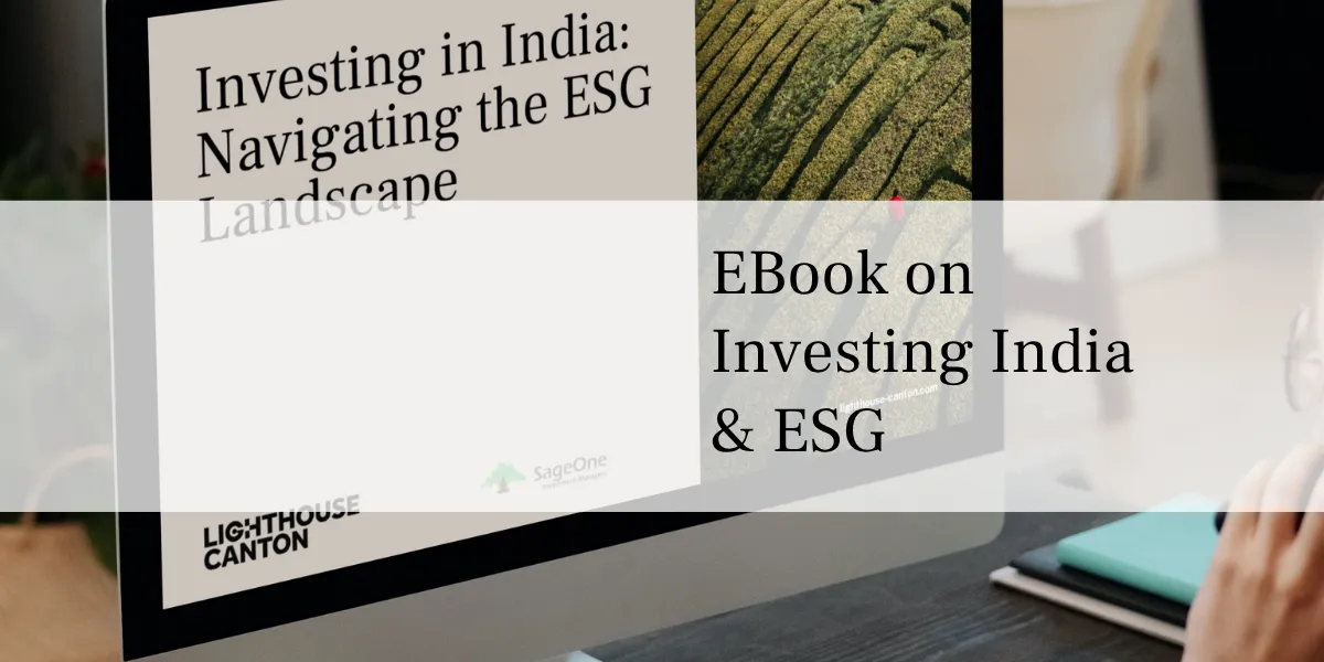 Lighthouse Canton logo, eBook cover displaying "Investing in India" and "ESG Landscape".