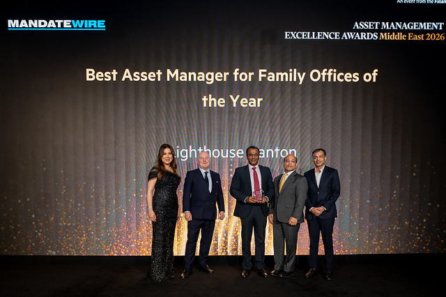 Five individuals stand on a stage accepting an award at the Excellence Awards Middle East 2026.