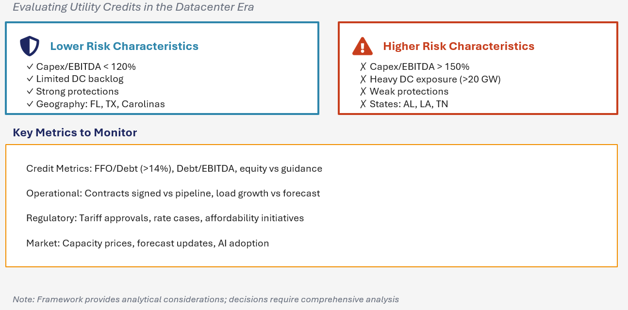 Risk characteristics comparison: CapEx/EBITDA, DC exposure, and geographic states.