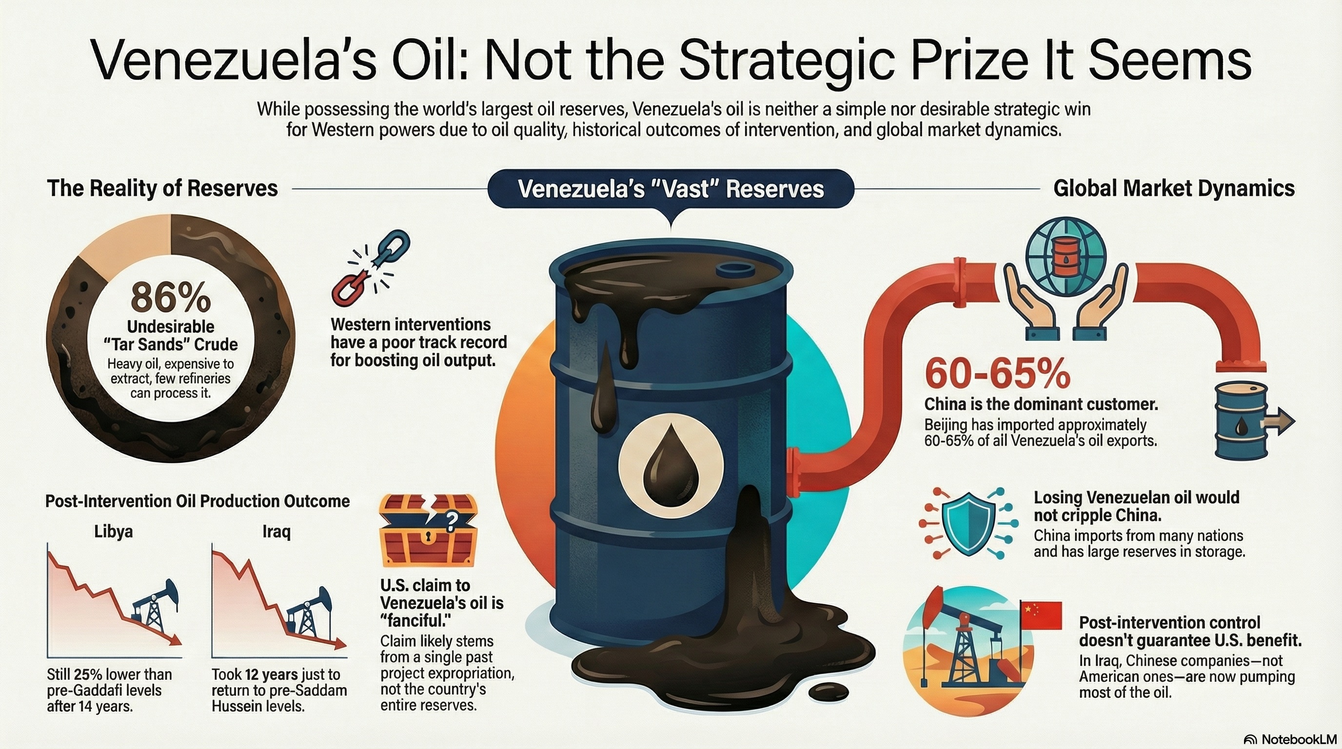 U.S. claims Venezuela’s oil is “fanciful,” illustrating post-intervention production decline in Libya and Iraq.