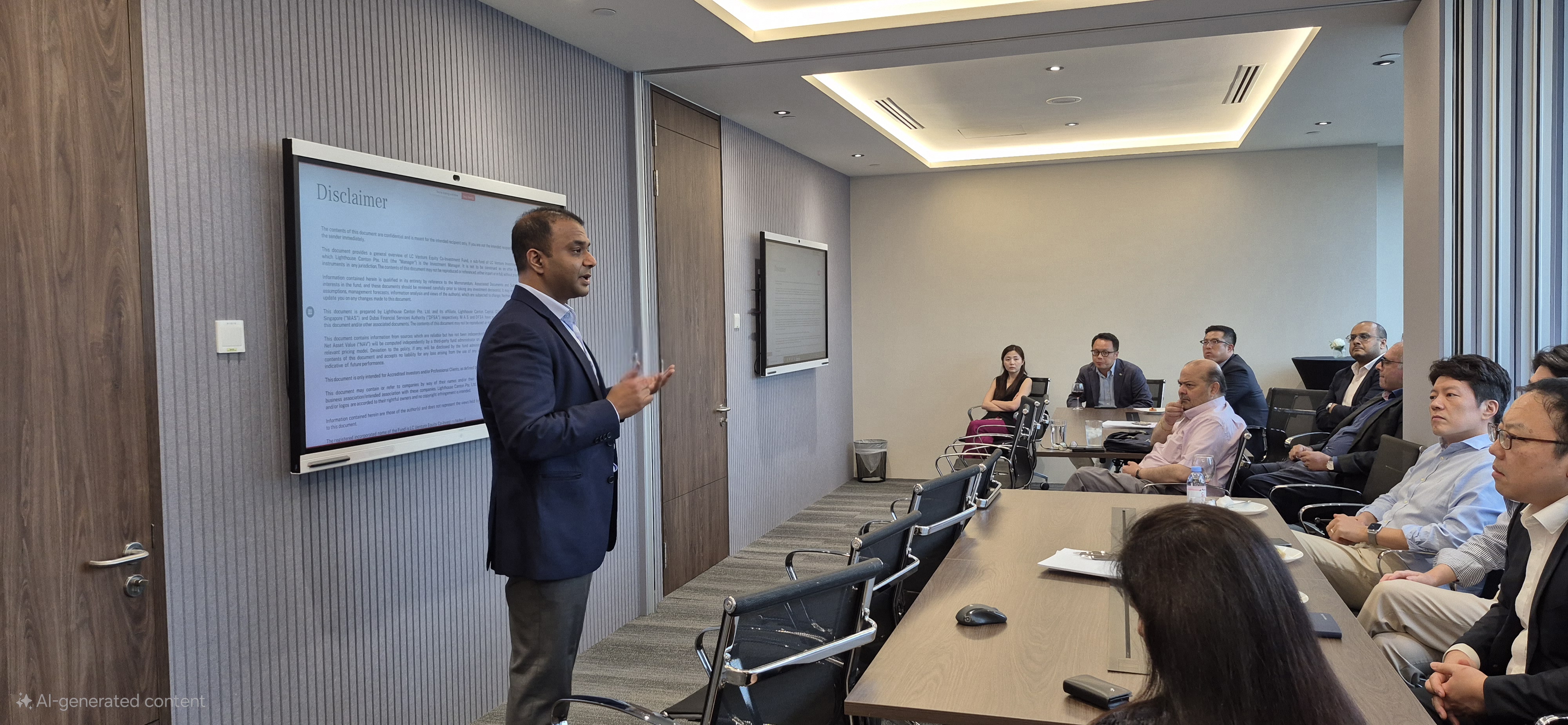 Man speaks at a meeting with a group of people.
