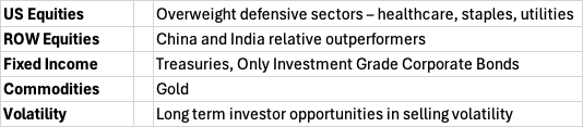 Overweight defensive sectors - healthcare, utilities
China and India outperformers
Treasuries, Only Investment Grade Bonds
Gold
Long term investor opportunities in volatility.