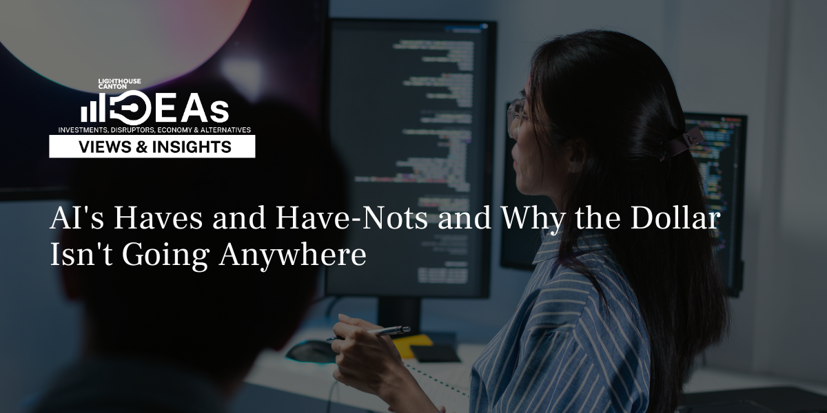 A woman sits at a computer with a screen displaying charts and graphs.