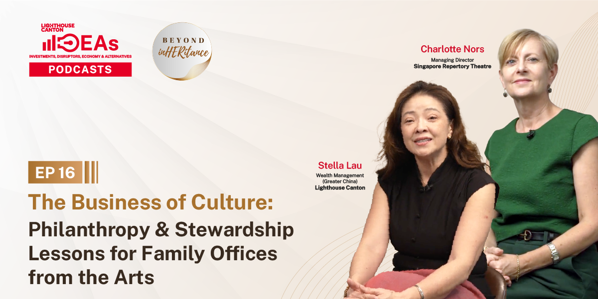 IDEAs Podcast Ep 16 on culture and philanthropy; Stella Lau and Charlotte Nors seated, smiling.