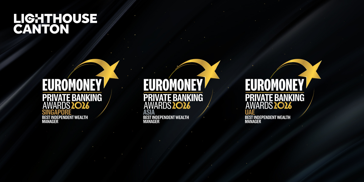 Lighthouse Canton and three Euromoney Private Banking Awards 2026 Best Independent Wealth Manager badges for Singapore, Asia and UAE