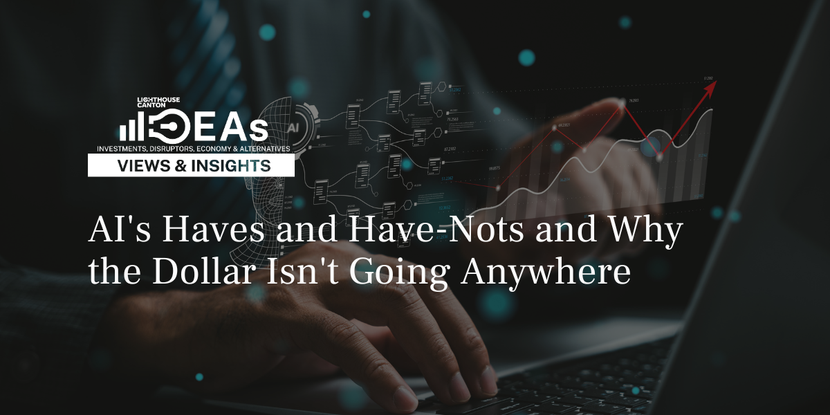 Hands typing on laptop with AI face and rising chart hologram; IDEAs title: AI's Haves and Have-Nots.