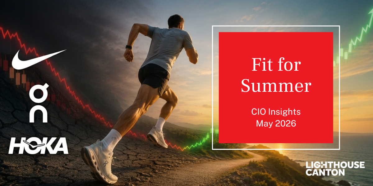 Runner on a trail with rising and falling stock candlestick charts; Nike, On and Hoka logos, 'Fit for Summer' title.
