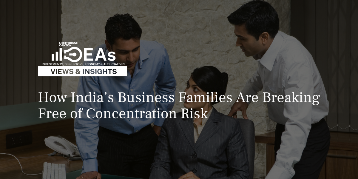 Two men in shirts talking to a seated woman in a suit at an office; text: How India's Business Families Are Breaking Free of Concentration Risk