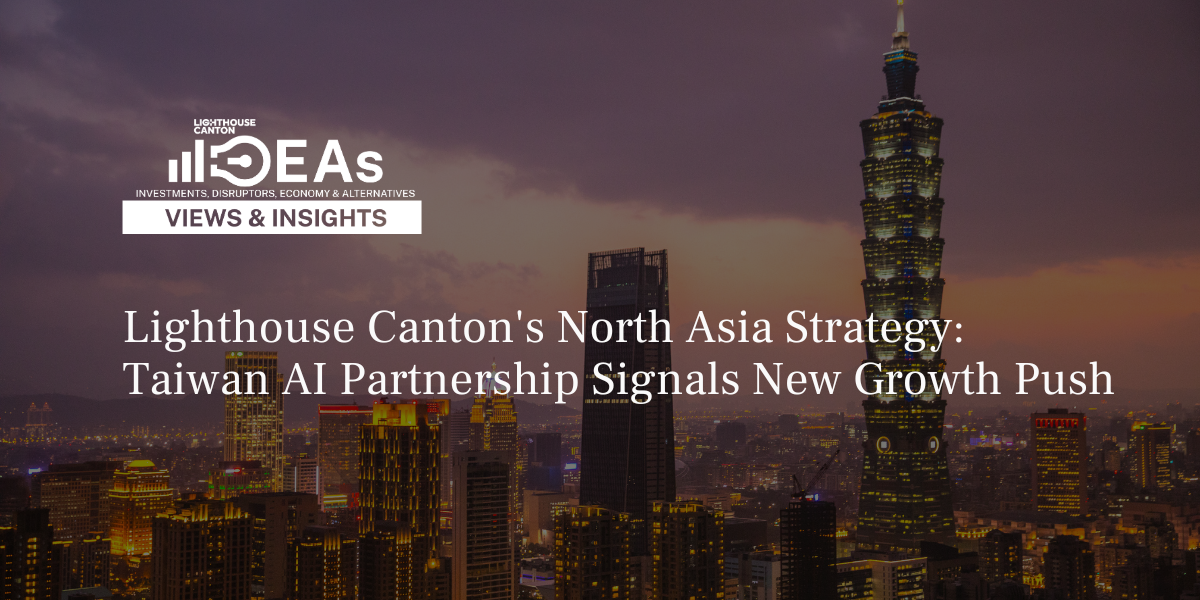 Taipei skyline at dusk with Taipei 101 tower; Lighthouse Canton IDEAs Views & Insights logo and title overlay.