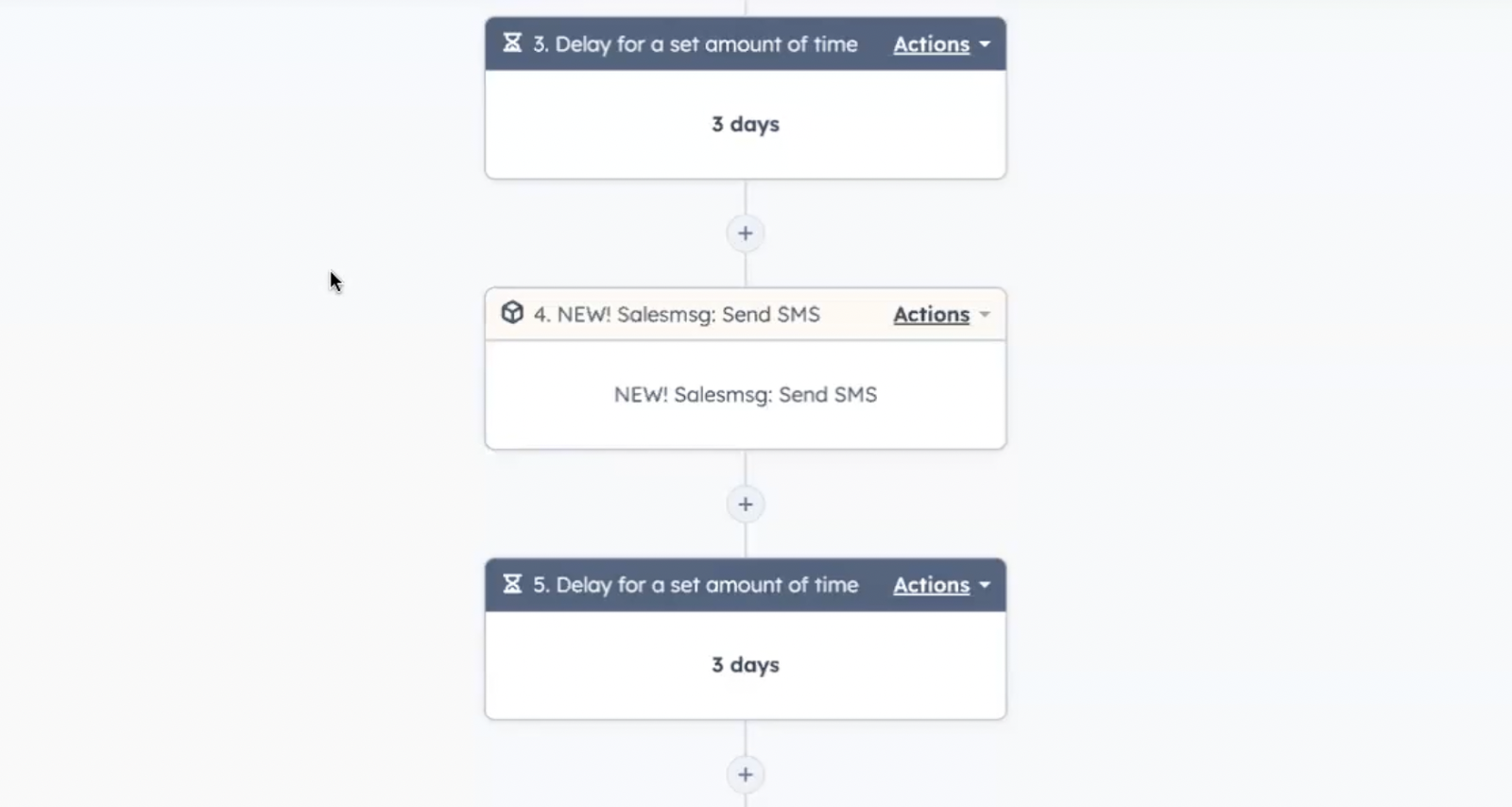 HubSpot Workflow Example: Wait three days before sending another automated text message.