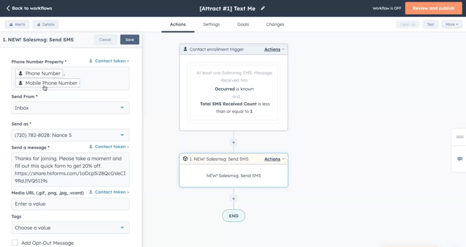 HubSpot Workflow Example: Text Me