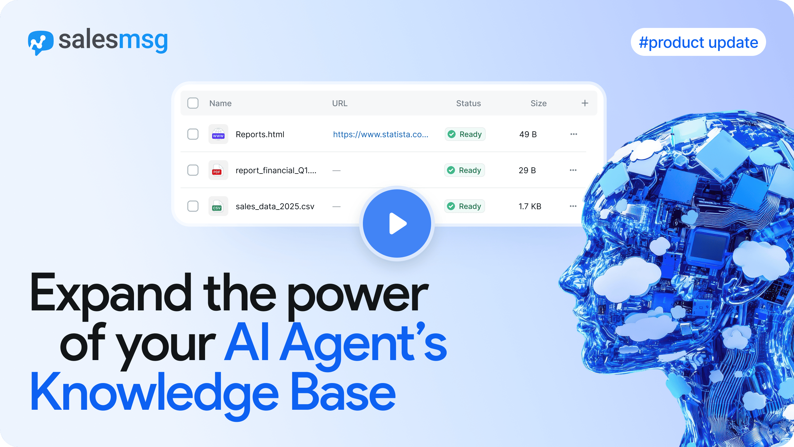 Your AI Knowledge Base just got smarter at Salesmsg. Give your AI Agents accurate, up-to-date content for faster, more reliable answers with our newly upgraded Knowledge Base.