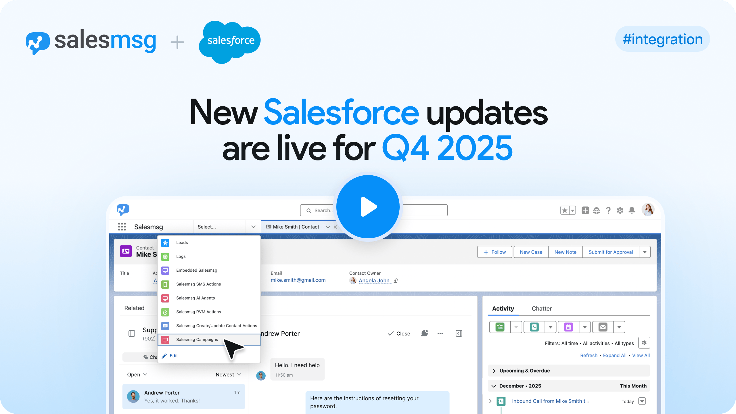 Explore the Q4 Salesforce integration updates from Salesmsg. Map Contact and Lead fields, create and update contacts in Flow, apply tags, enroll Campaigns, and use the Salesmsg widget on custom objects for seamless communication and automation inside Salesforce.