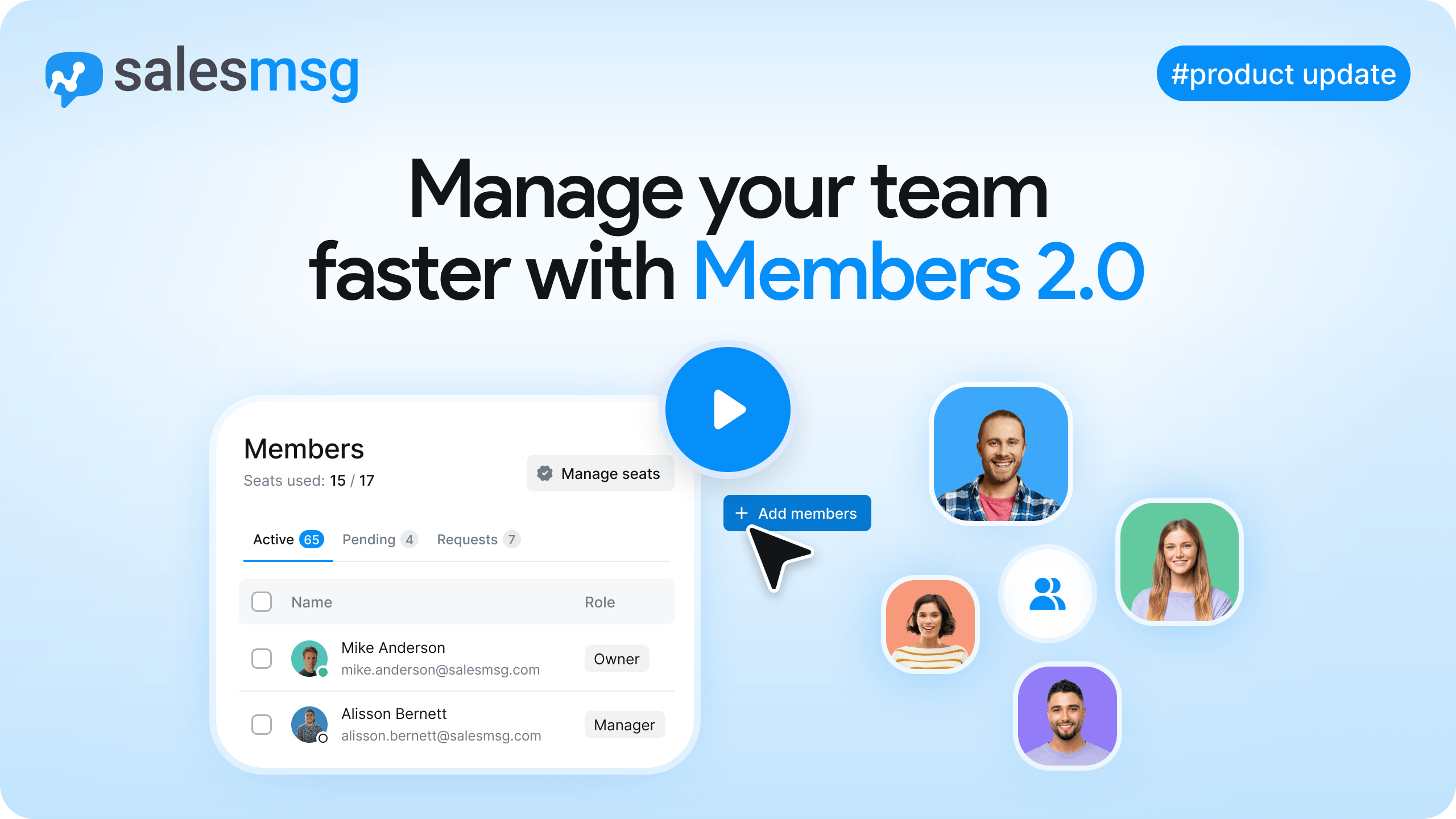 Simplify team management with Salesmsg’s redesigned Members. Invite and remove users, control roles and permissions, manage inbox access, adjust seat billing, and handle member requests faster in one streamlined workflow.