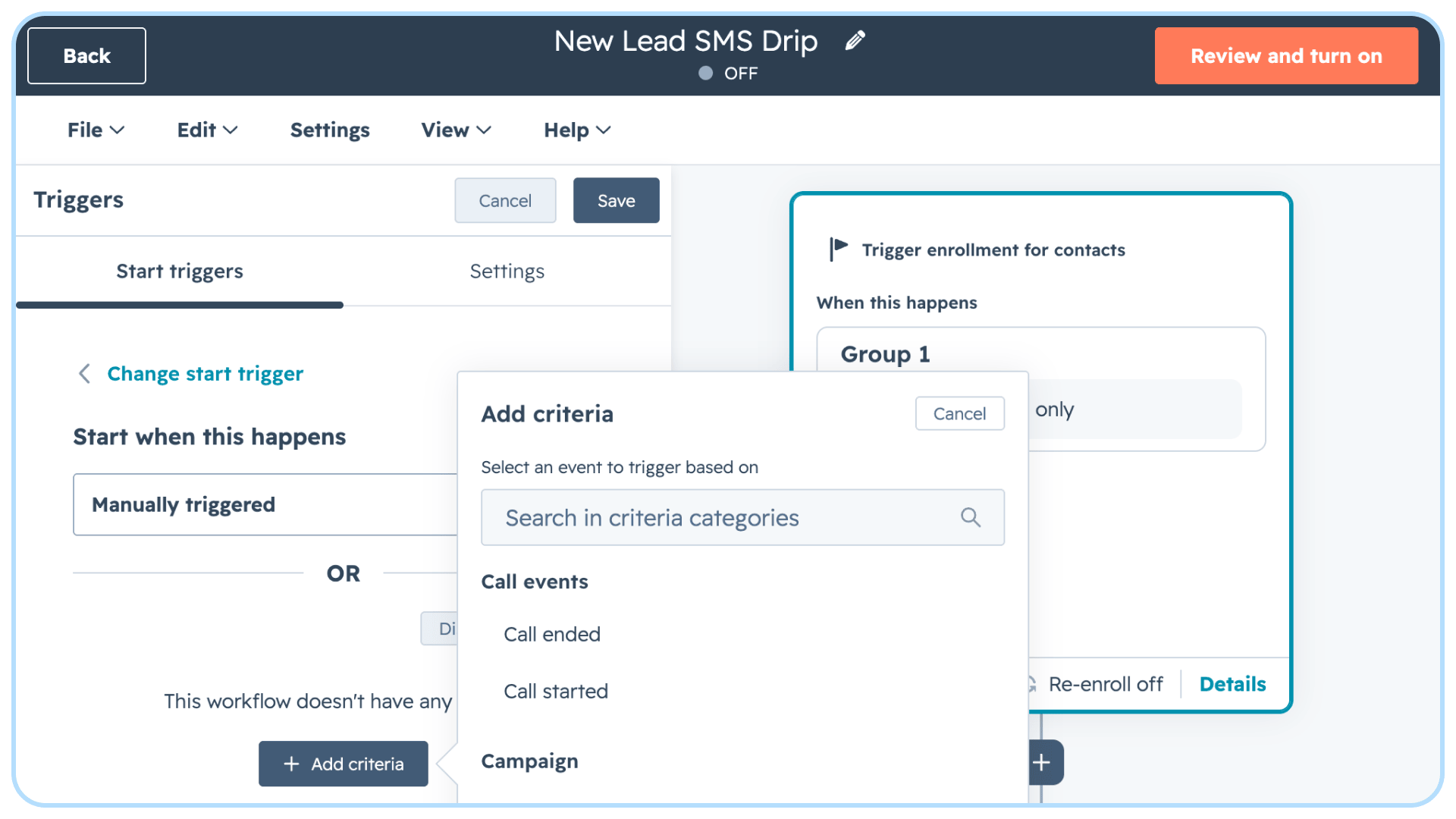 setting workflow trigger on hubspot