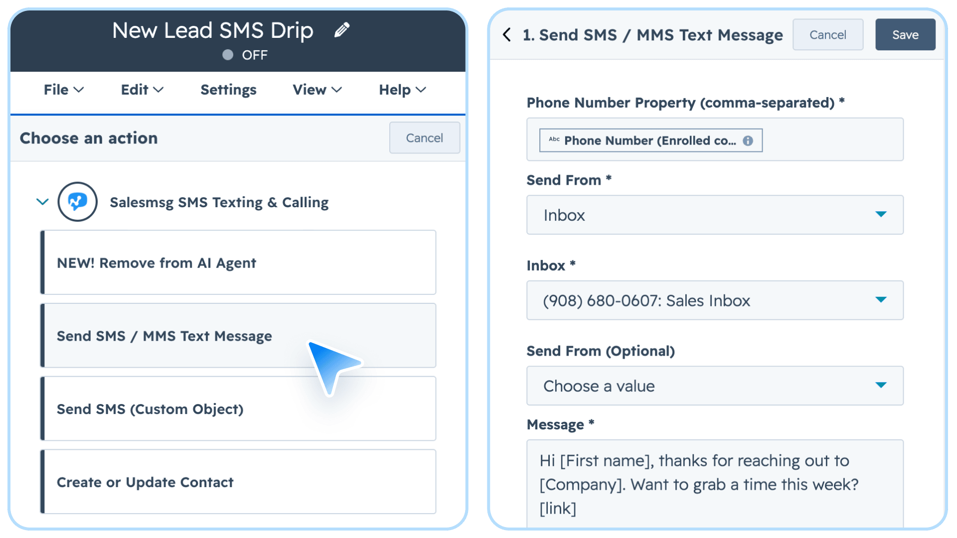 salesmsg action on hubspot