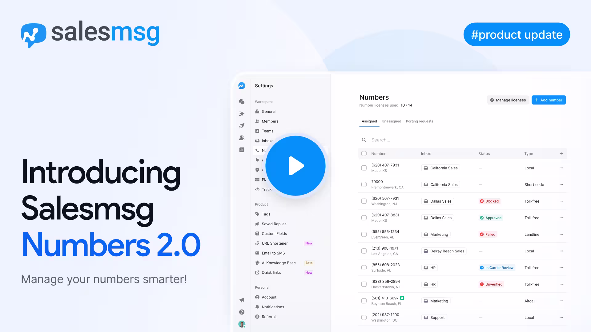 Salesmsg Numbers 2.0 lets you assign numbers in bulk, track licenses, verify status, and import Twilio numbers across accounts. Explore options.
