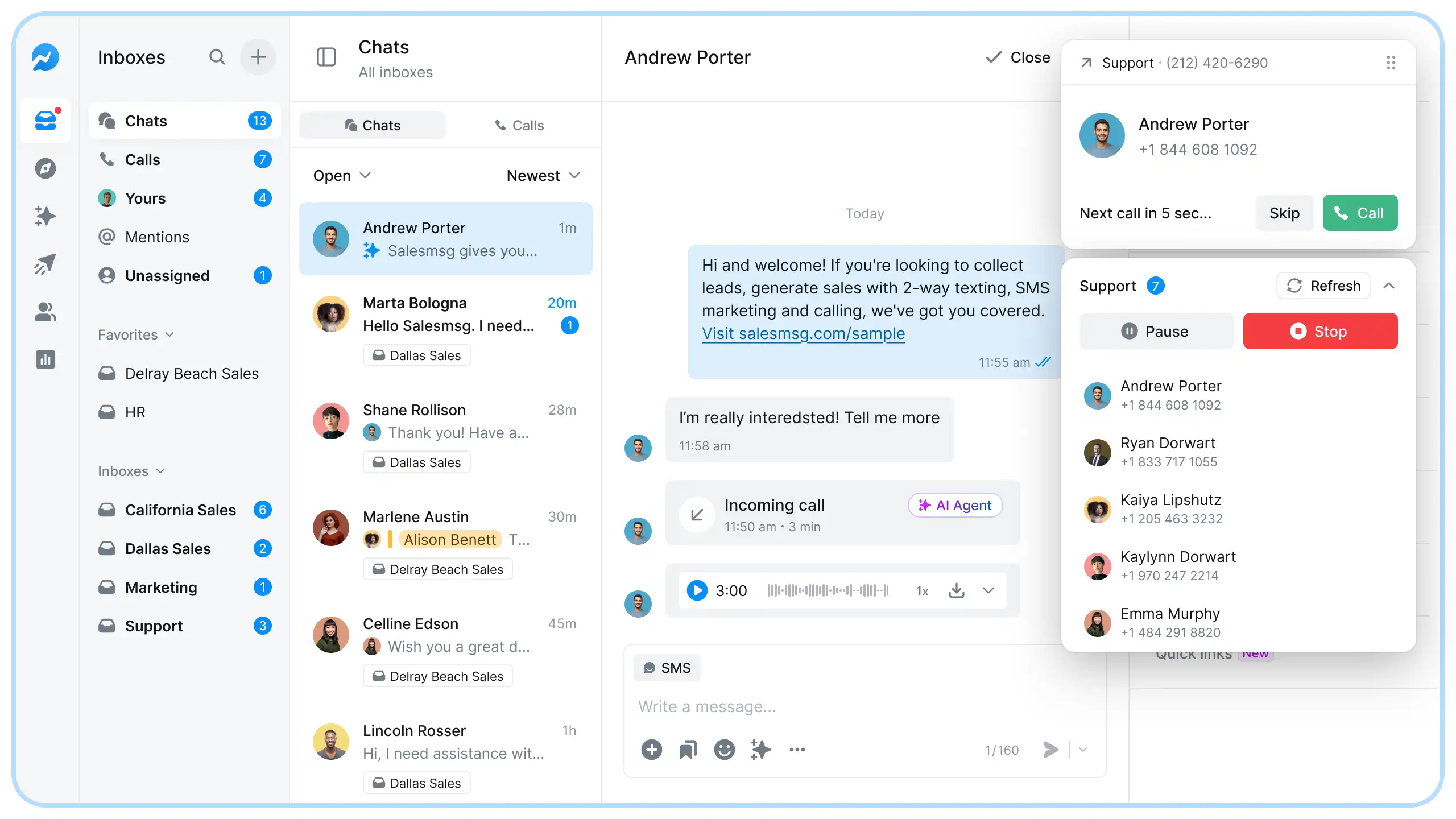 salesmsg power dialer in contacts view function