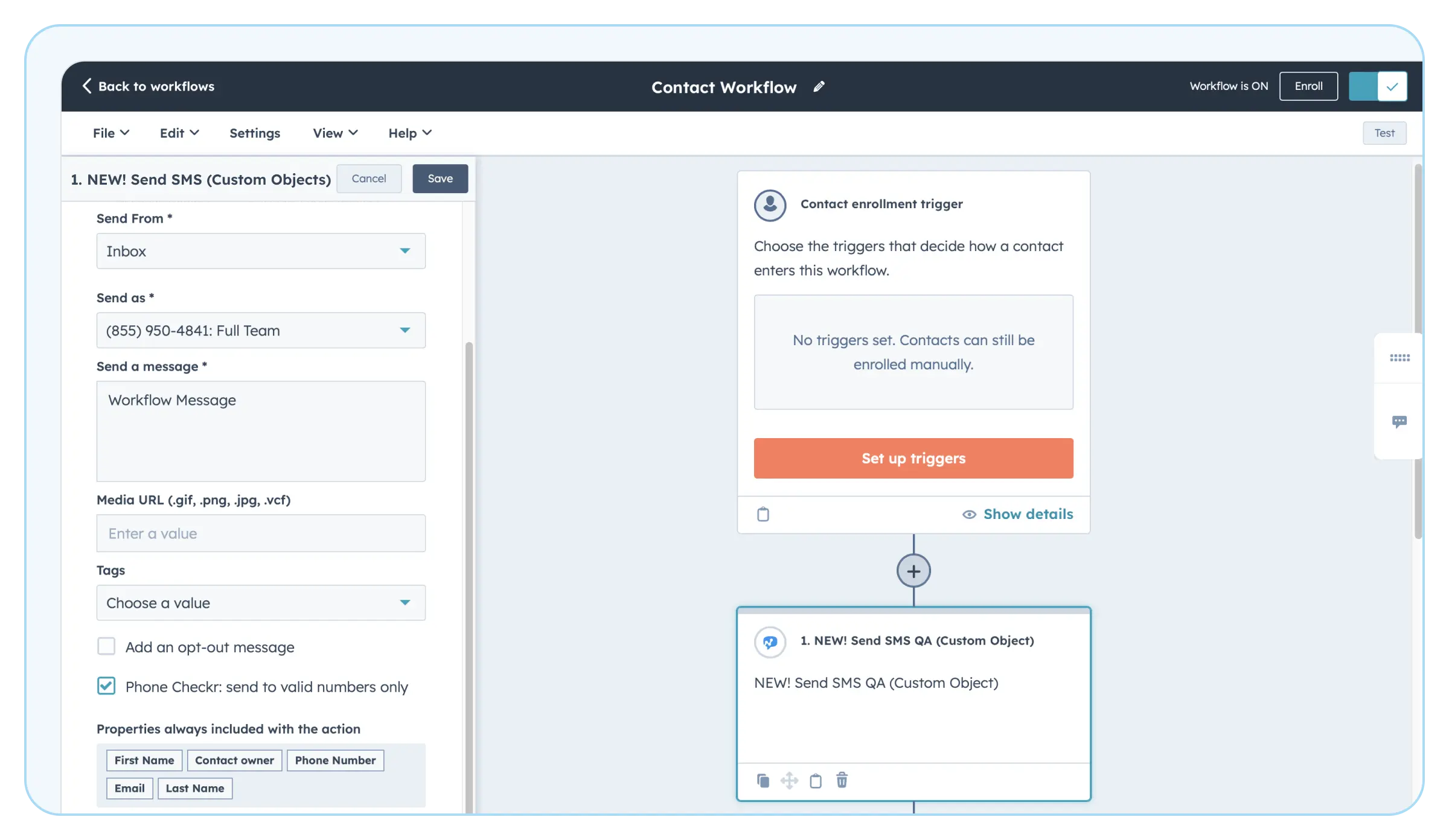 hubspot workflow with salesmsg as an action step