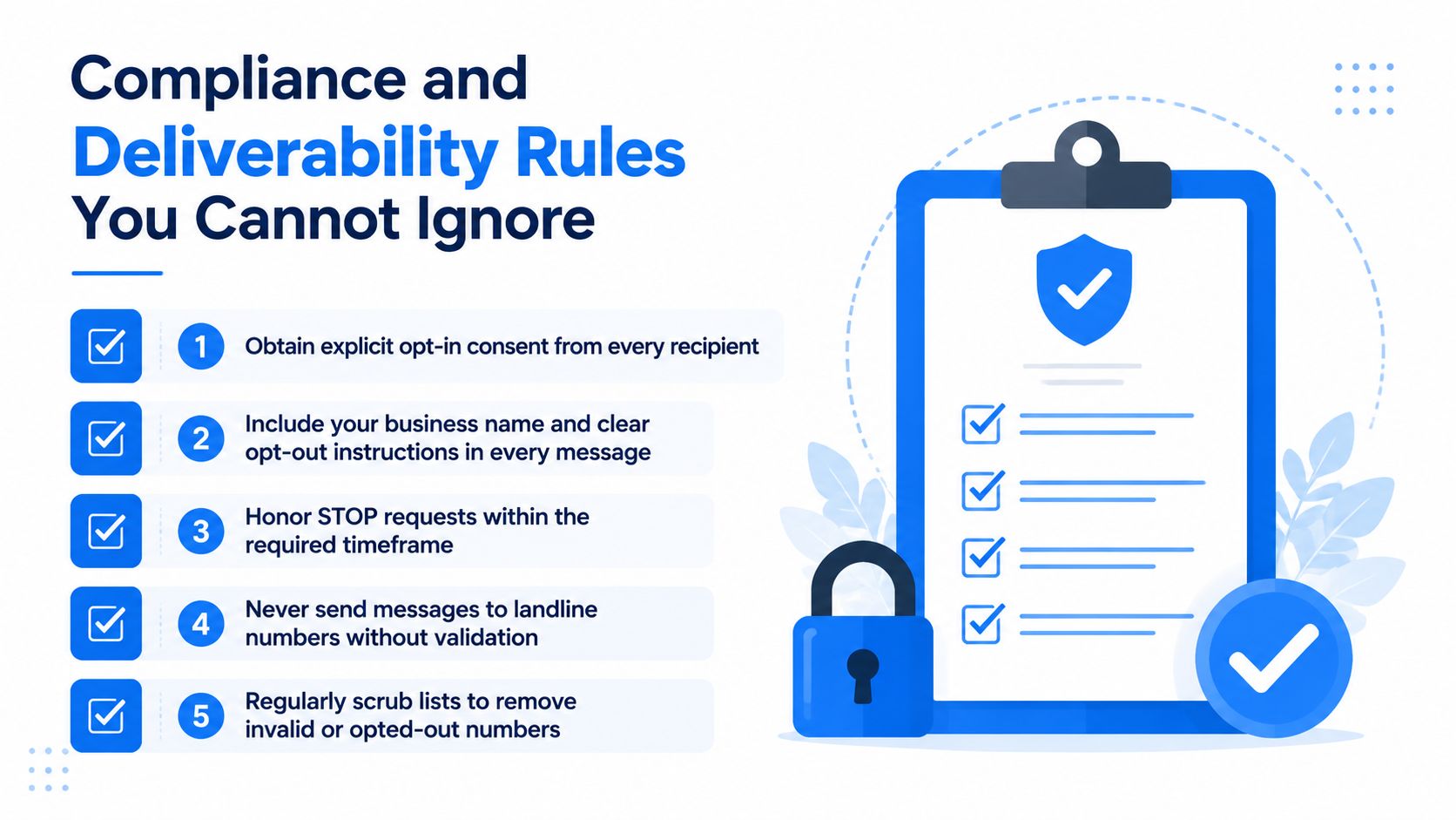 A checklist infographic outlining five essential compliance and deliverability rules for business SMS messaging marketing.