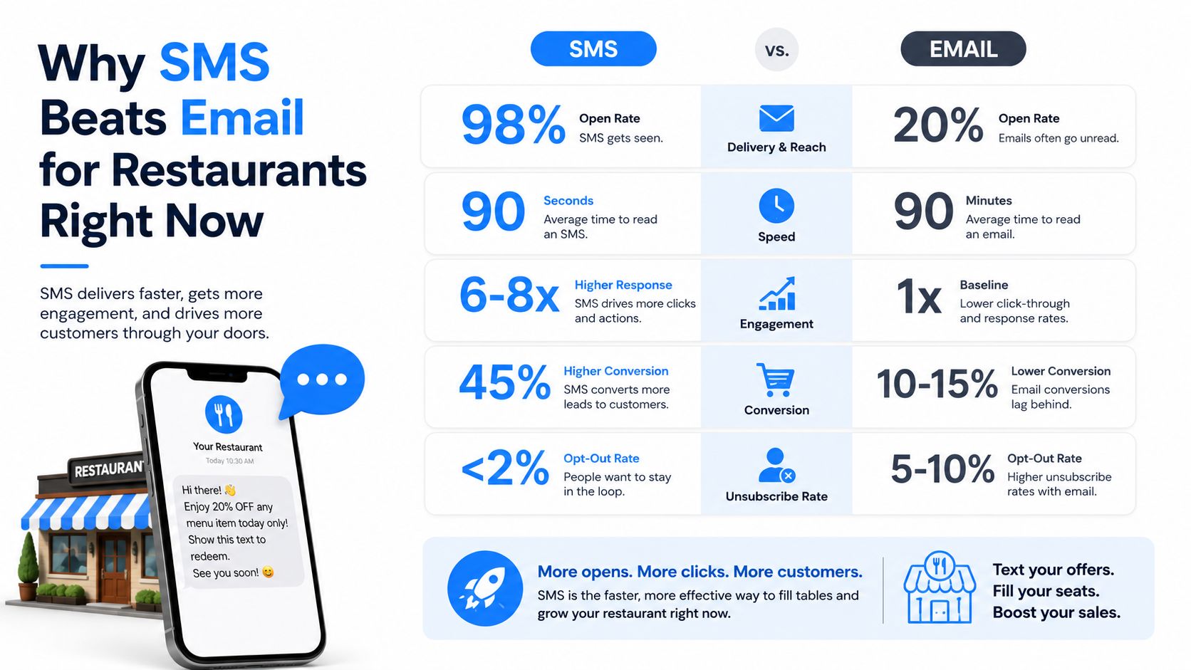 A marketing infographic comparing SMS and email performance statistics for restaurant customer engagement and sales growth.