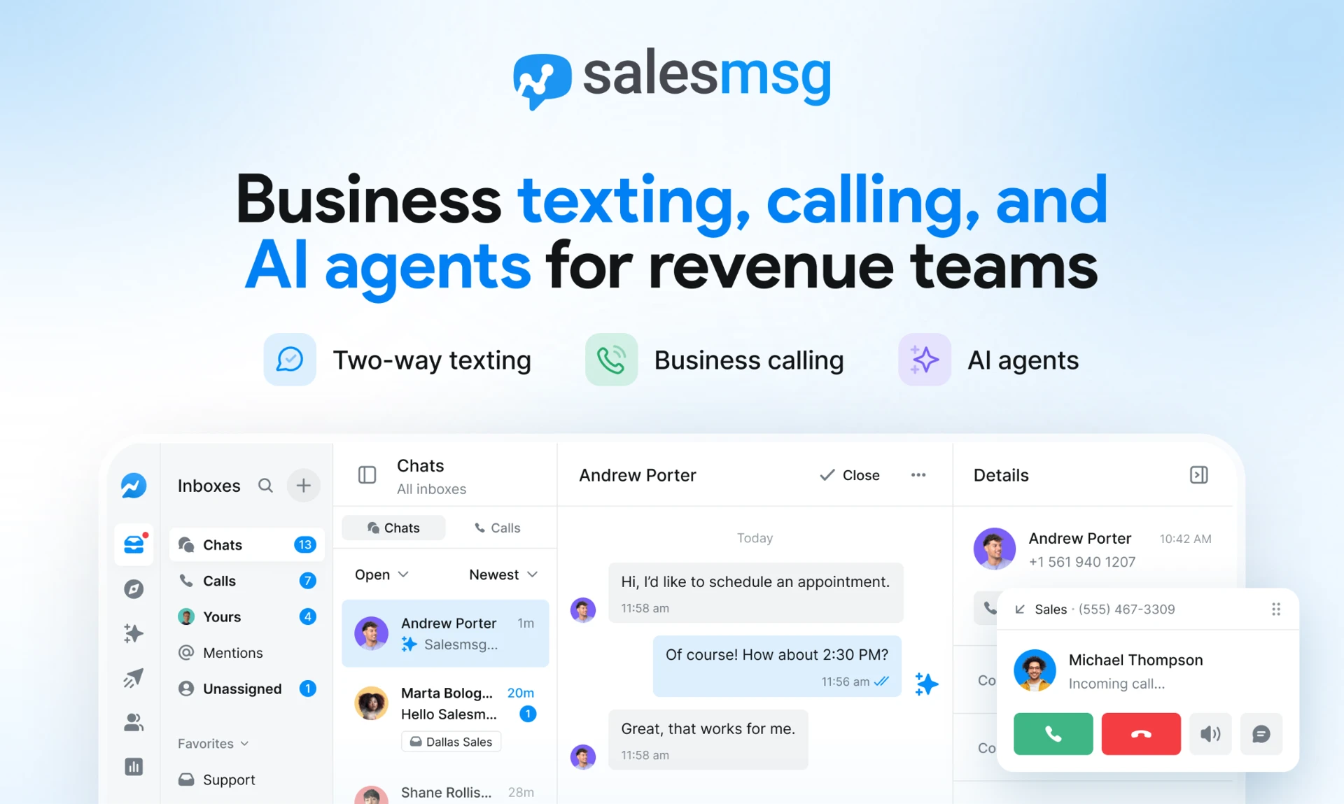 Salesmsg unified inbox showing two-way texting and an active call in the same conversation thread