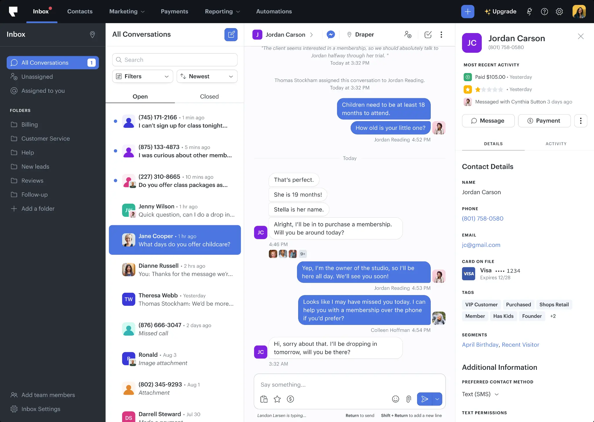 Podium inbox showing a customer conversation alongside their payment and review history
