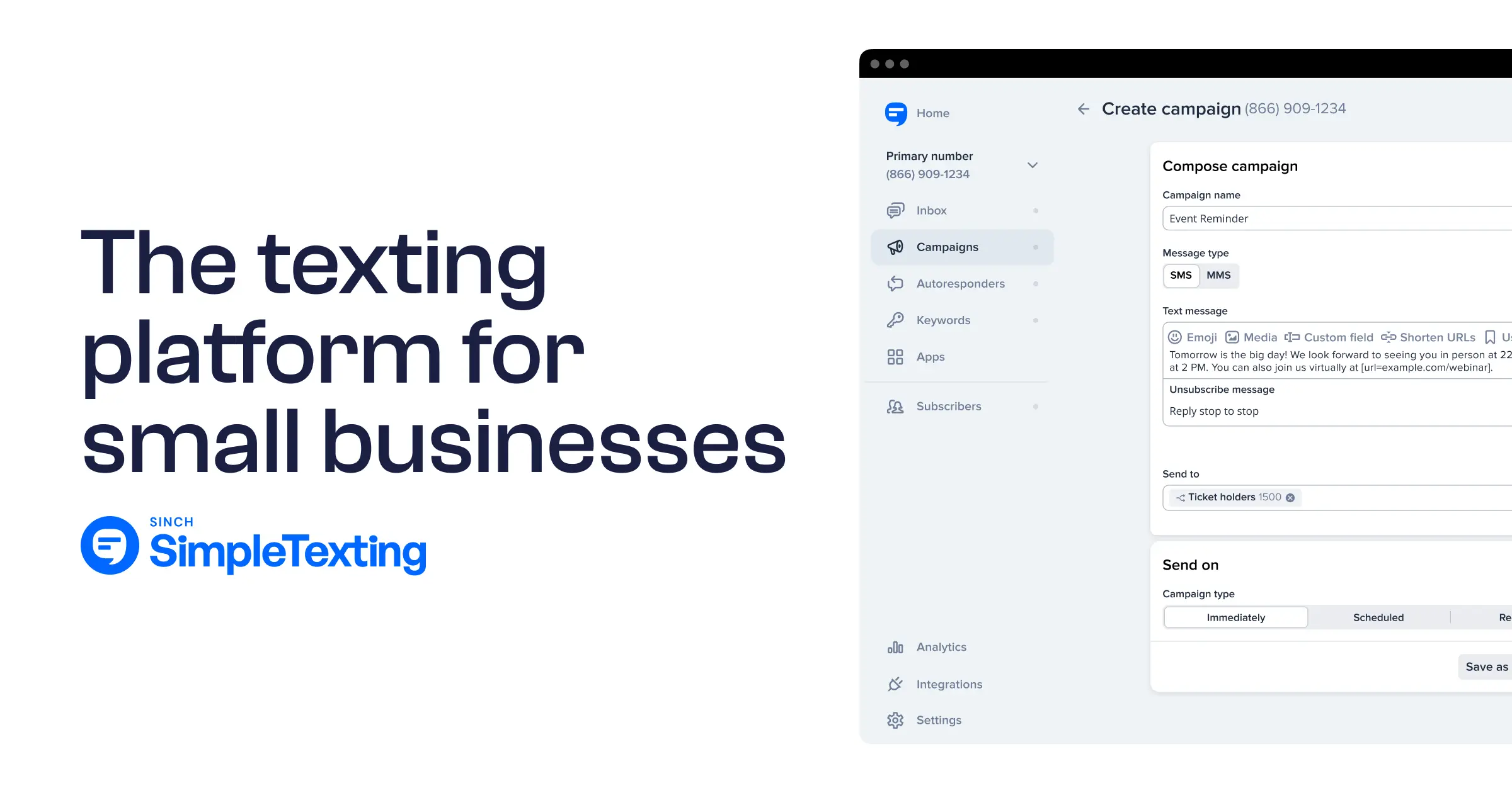 Podium inbox showing a customer conversation alongside their payment and review history Sinch SimpleTexting logo beside the SMS campaign composer interface