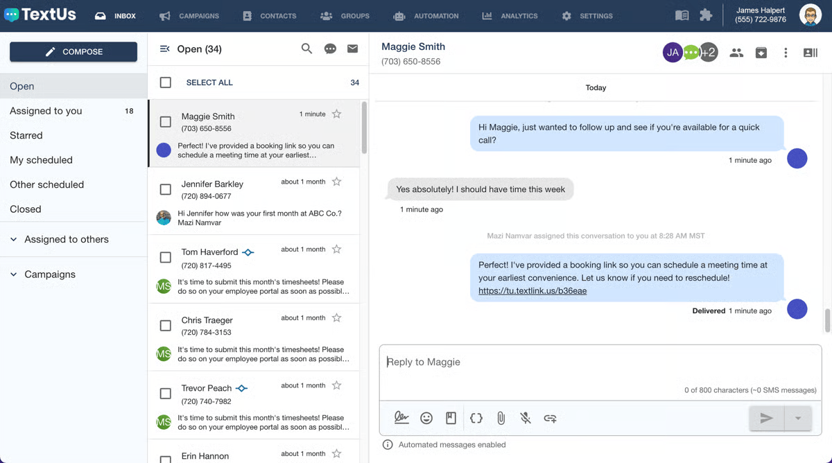 TextUs shared inbox showing outbound sales texting with CRM and applicant-tracking integrations