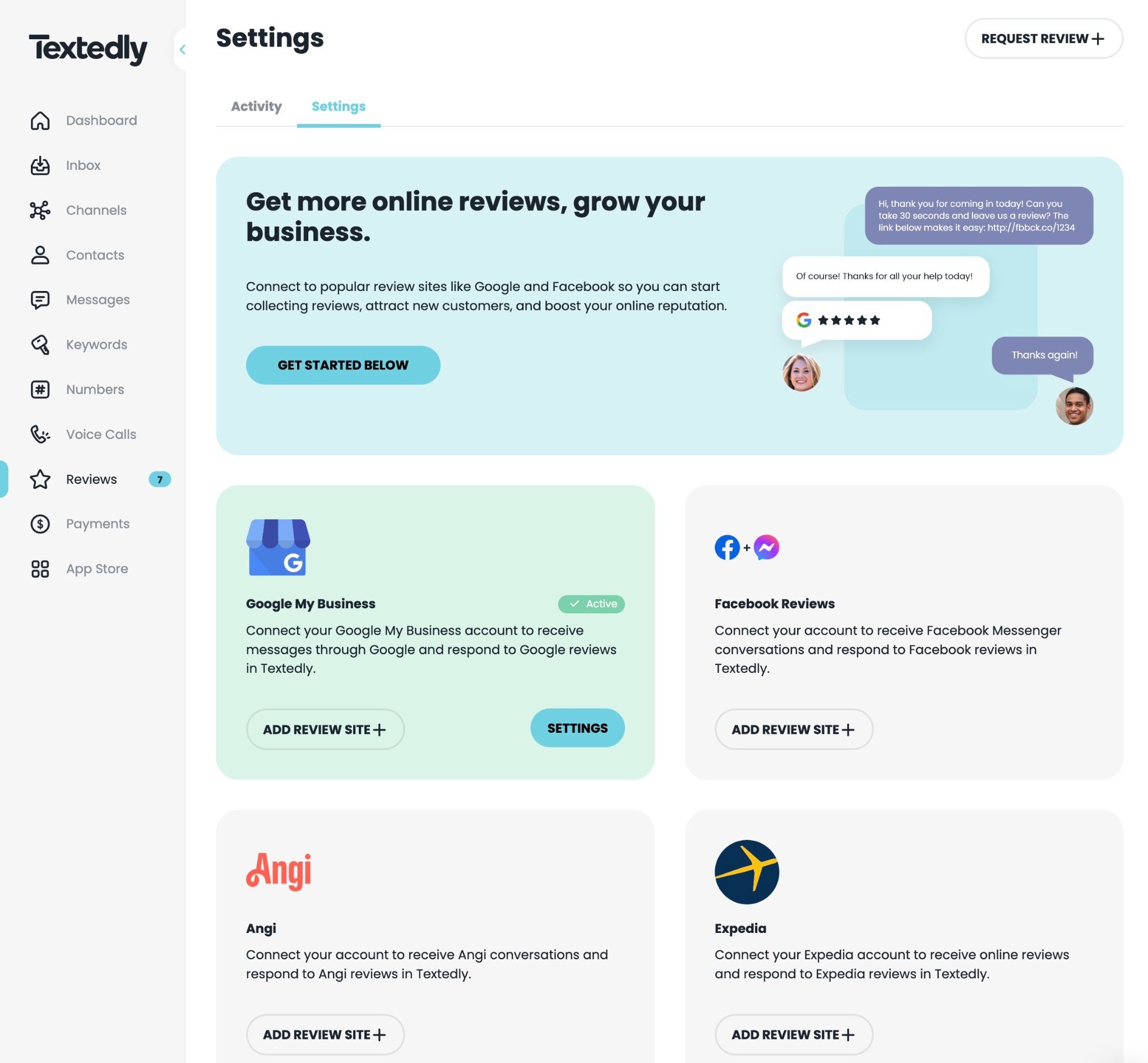 Textedly bulk SMS dashboard showing keyword opt-in campaigns and credit-based plan management