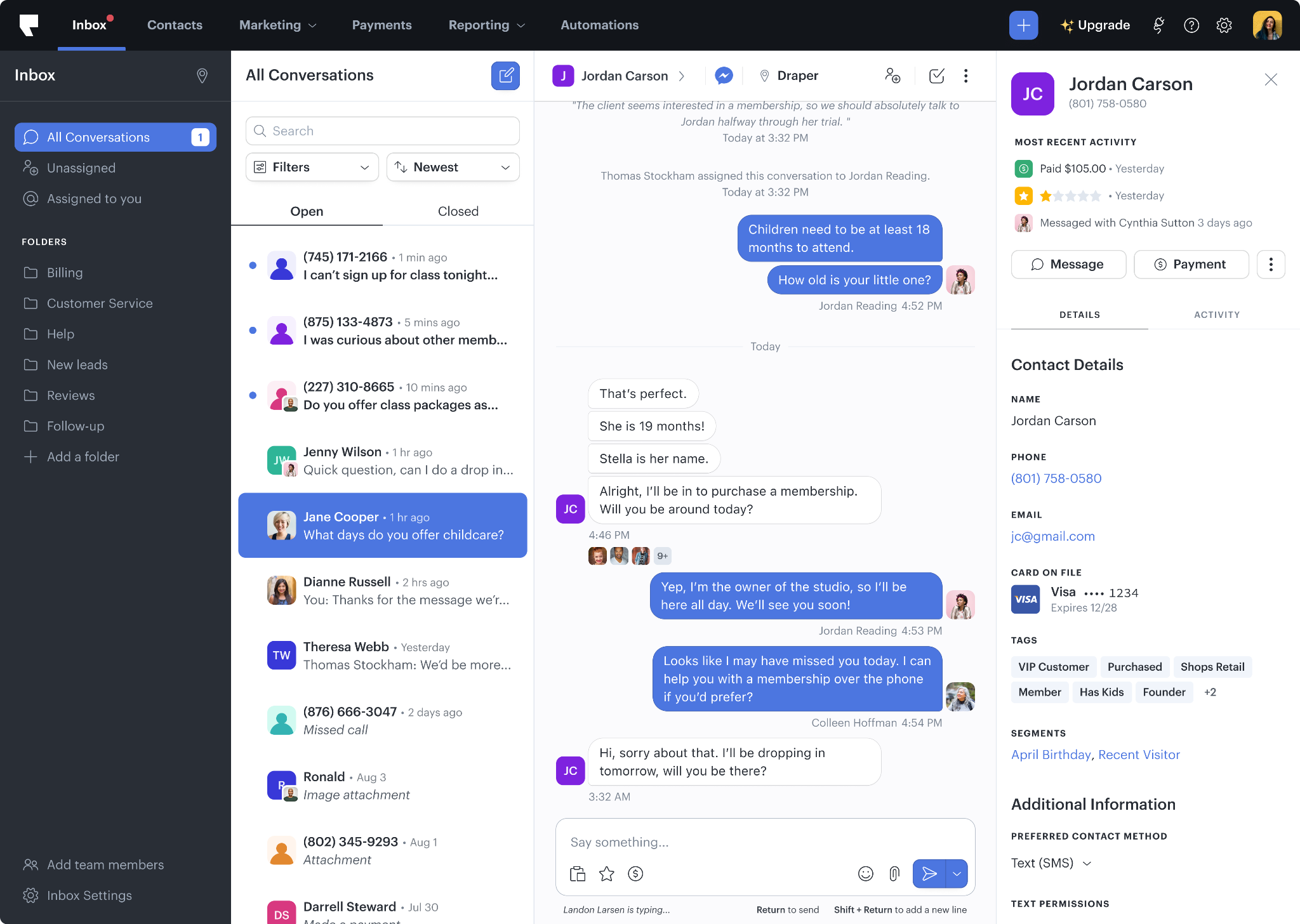 Podium unified inbox showing customer conversations alongside review collection and payment links