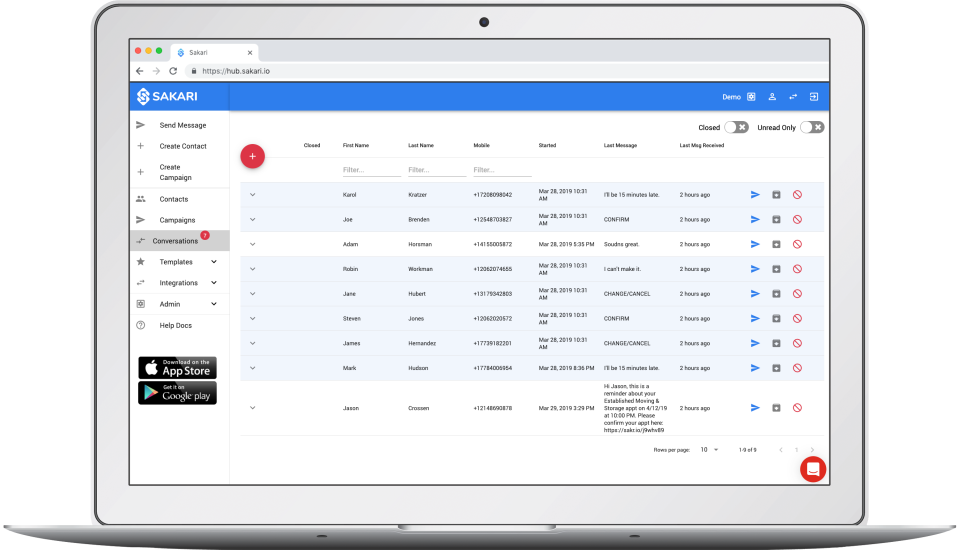 Sakari HubSpot integration showing workflow-triggered SMS from a deal stage change